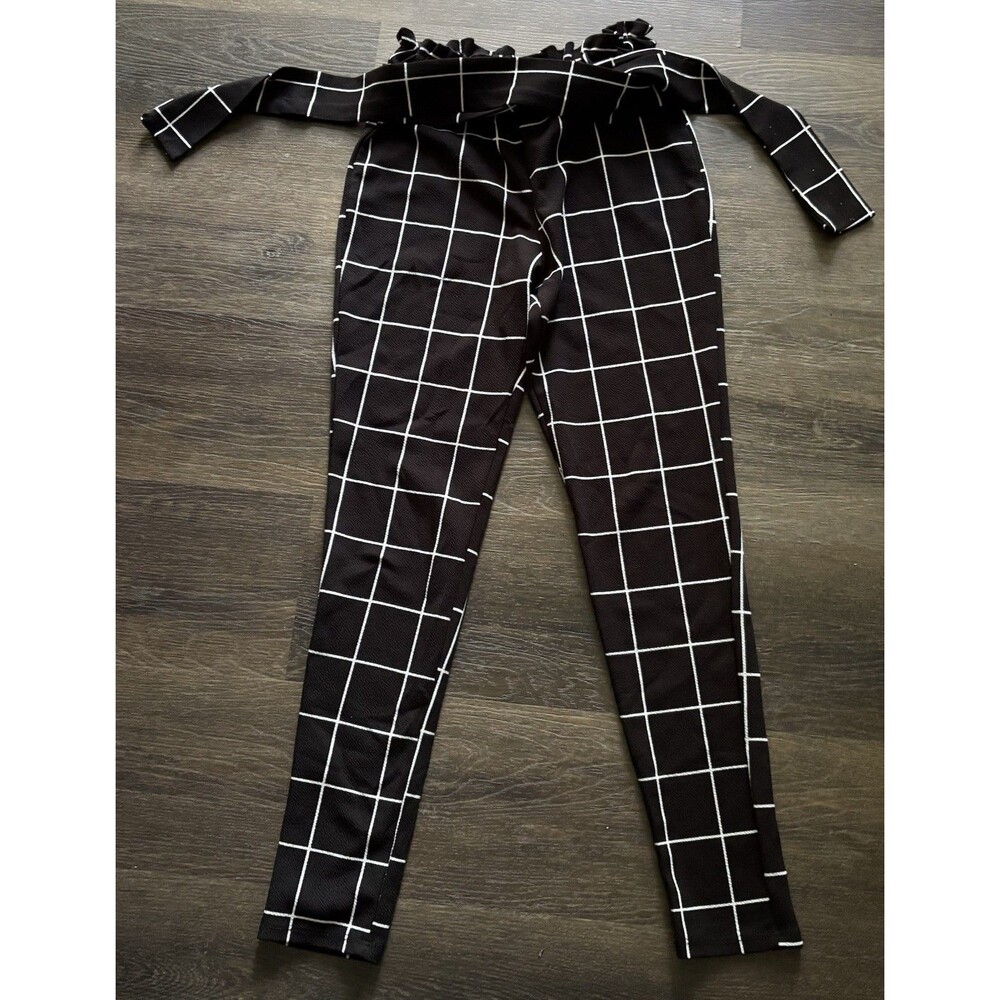 VTG Arabella Black Grid Print Tapered Pants Sz  S High Waisted With Sash 80s 90s